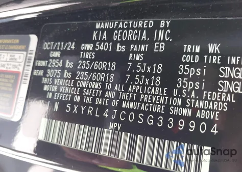 2025 Kia Sorento S из США, поврежденный, VIN 5XYRL4JC0SG339904